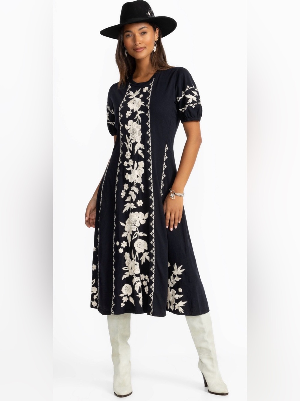 Johnny Was Black Seamed Floral Embroidered Puff Sleeve Boho Midi Dress Sz PL